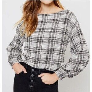 LOFT Black White Plaid Bouclé Knit Top Cropped Balloon Sleeve XS